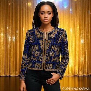 BRILLIANTE Vintage M 80s 90s Full Sequin Beaded 100% Silk Jacket Whitney Vibes!